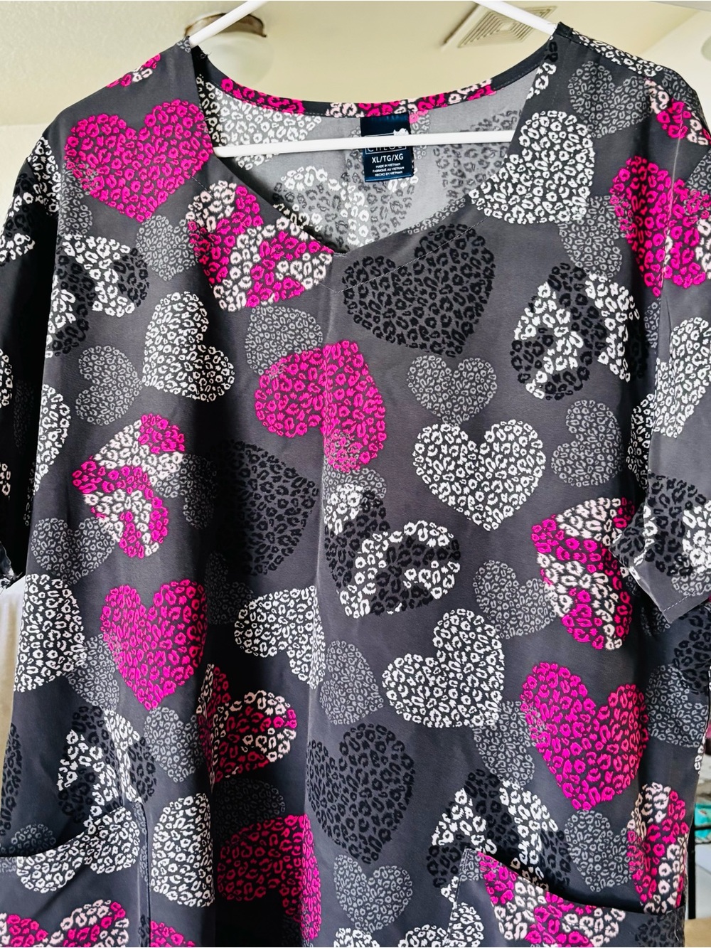Unbranded Women’s Charcoal V-Neck Top with Pink, White & Black Heart Print